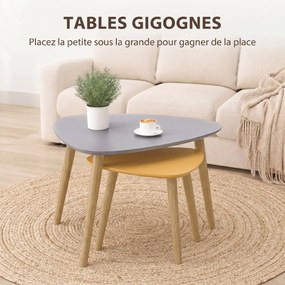 Conjunto de 2 mesas baixas encaixáveis, de design escandinavo, com pés e tampo em madeira, cinzentas e amarelas