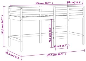 Cama alta p/ criança c/ escada 80x200cm madeira de pinho maciça