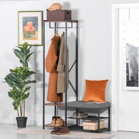 HOMCOM Móvel Cabide de Entrada com Sapateira Banco e Prateleiras Armário de Entrada com Cabides 104,5x42x180,5cm Marrom e Preto