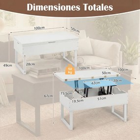 Mesa de centro conversível 3 em 1 com tampo elevável 100 x 50 x 49 cm e 3 compartimentos ocultos de madeira para sala de estar Branca