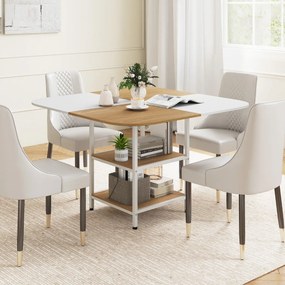 Mesa de jantar moderna quadrada 120 x 120 x 77 cm com tampo multicolorido e prateleira de 2 níveis, pernas ajustáveis em café e branco