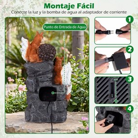 Fonte de Água Decorativa com Esquilos e Avelãs, 34 x 25 x 59 cm, Iluminação LED, Laranja+Cinza