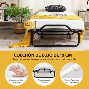 Cama dobrável com colchão de espuma e 2 rodas com travão Cama de hóspedes amovível 199 x 78 x 37 cm Preto e branco