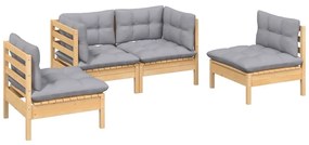 4 pcs conjunto lounge de jardim + almofadões cinza pinho maciço