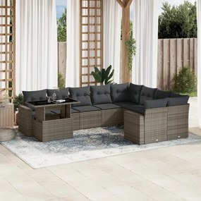 10 pcs conjunto sofás de jardim c/ almofadões vime PE cinzento