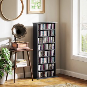 Organizador para CD e DVD com 8 compartimentos e 6 prateleiras ajustáveis, capacidade máxima de 360 CD/185 DVD e Blu-ray, preto