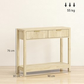 Mesa Consola de entrada de 90 cm, mesa de entrada estreita com 2 gavetas com ranhuras e prateleira, estilo moderno, madeira natural