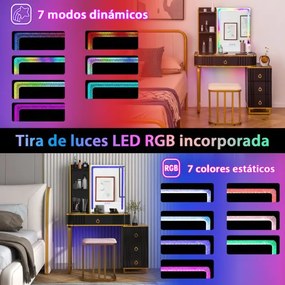 Toucador de maquilhagem RGB com espelho, 4 gavetas, 7 luzes LED dinâmicas, 7 luzes LED estáticas, banqueta e portas USB tipo C para o quarto, preto