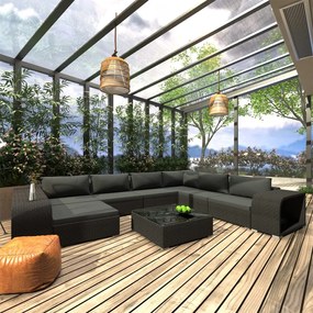 10 pcs conjunto lounge de jardim c/ almofadões vime PE preto