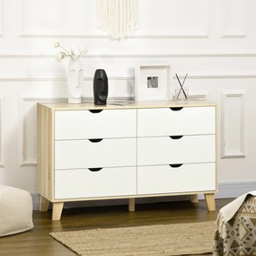 Cómoda de 6 gavetas em estilo escandinavo 120L x 40P x 76A cm, móvel de arrumação cor carvalho e bege
