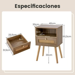 Mesa de cabeceira de rattan com gaveta multifuncional para sala de estar ou quarto 40 x 30 x 60,5 cm Natural e Castanha