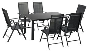 Conjunto de Jardim Refeição 7 Peças com 6 Cadeiras Dobráveis e Reclináveis Mesa com Bancada de Vidro Temperado Preto