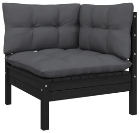 3 pcs conjunto lounge jardim c/ almofadões pinho maciço preto