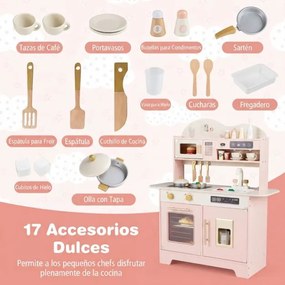 Cozinha brincar infantil de madeira 79,5 x 39,5 x 90,5 cm com 17 acessórios, forno e máquina de gelo, para crianças com mais de 3 anos, cor rosa