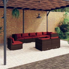 vidaXL 9 pcs conjunto lounge de jardim c/ almofadões vime PE castanho