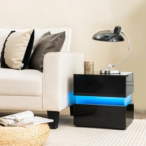 Conjunto 2 mesas de cabeceira LED com gavetas, controlo remoto, 22 modos dinâmicos, 10 velocidades e 5 intensidades de luz, design moderno em preto