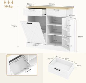 Armario de Cozinha, 100 x 36 x 90 cm, Compartimento para Caixote do Lixo de 38 L, Branco