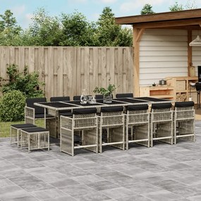 vidaXL 15 pcs conj. jantar jardim c/ almofadões vime PE cinzento-claro