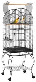Gaiola para Pássaros com Rodas Bandeja Amovível Prateleira 2 Comedouros de Aço Inoxidável e Poleiro 51x51x153 cm Preto