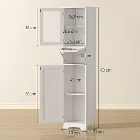 Coluna Casa de Banho com Porta de Vidro Prateleiras Ajustáveis Gaveta para Espaços Pequenos 40x31x170 cm Branco