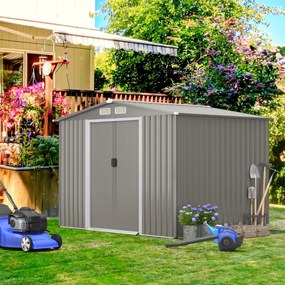 Abrigo de jardim Portas duplas e rampa para ferramentas 260 x 207 x 180 cm Cinzento claro
