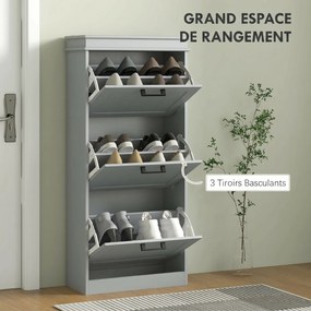 Sapateira, com 3 portas basculantes 54 x 24 x 117,5 cm, capacidade para 15 pares, prateleiras ajustáveis, cinzento