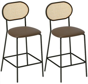 HOMCOM Conjunto de 2 Bancos de Bar Bancos Altos de Cozinha com Encosto em Vime Assento em PU Estrutura de Aço e Apoio para Pés para Sala de Jantar Balcão 45x50x97 cm Marrom