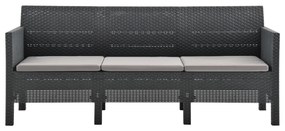 3 pcs conjunto lounge jardim com almofadões vime PP antracite