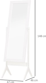 Espelho de maquilhagem de pé reclinável nórdico para quarto sala moldura de madeira 47x46x148 cm branco