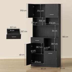 Aparador Alto de Cozinha, 80 x 35 x 180 cm, Portas de Fecho Suave, Preto