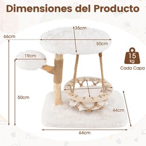 Arranhador para gatos 64 x 44 x 66 cm com berço suspenso, poste para arranhar em juta, plataforma acolchoada e pelúcia macia para interior  Natural+Br