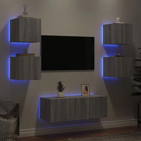 6 pcs móveis parede p/ TV c/ LEDs deriv. madeira cinza sonoma