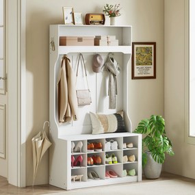 Móvel entrada, Hall 4 em 1 com banco 100 (C) x 35 (P) x 172,2 (A) cm, com 12 compartimentos para sapatos, 6 ganchos e prateleira aberta, branco