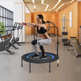Trampolim Fitness Dobrável 150 KG com Barras de Apoio Ajustáveis e Capa de Segurança Acolchoada para Adultos e Crianças preto e azul