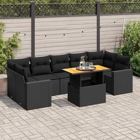 8 pcs conjunto sofás de jardim com almofadões vime PE preto