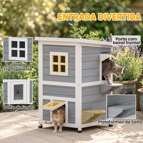 Casota Exterior para Gatos em Madeira de 2 Níveis com Telhado Basculante, Plataformas de Salto e Portas, 51x51x81,3 cm, Cinzento