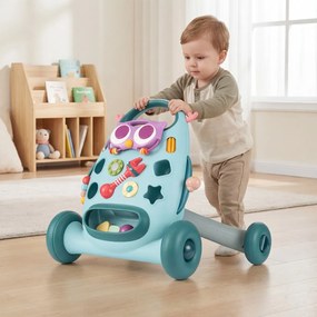 Andador Montessori bebés com Reprodutor Oval Removível Classificador de Formas Maracas Pássaro Deslizante e 2 Giradores Azul