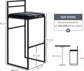 Conjunto de 2 cadeiras de bar com assento alto, almofada de veludo e apoio para os pés, altura 74 cm, preto