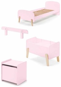 Conjunto cama infantil KIDDY (90x200) + Estrado + mesa de cabeceira + grade de segurança + caixa de brinquedos Rosa