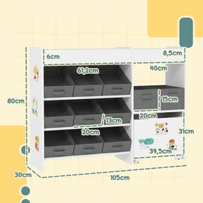 Organizador de Brinquedos para Crianças com 11 Cestas Amovíveis Compartimentos e Autocolantes 105x30x80 cm Branco e Cinza