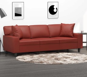 vidaXL Sofá 3 lug. c/ almofadas/almofadões couro artif. vermelho tinto