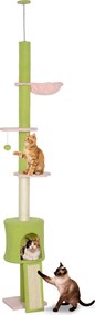 Arranhadores para gatos do chão ao teto, 5 níveis, altura ajustável de 220 a 240 cm, plataformas em forma de flor com arranhador, nicho e rede verde
