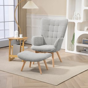 Poltrona com apoio para os pés, encosto alto, pés de madeira e tecido com efeito de veludo cotelê, para sala de estar ou quarto, cinzenta
