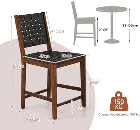 Conjunto de 2 bancos de bar de madeira com alças de couro PU e encosto confortável para cozinha, bar e restaurante 52 x 58,5 x 101 cm Castanho