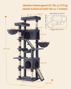Arranhador para gatos para arranhar XXL com placas para arranhar e sisal, 55 x 45 x 206 cm, cinzento escuro