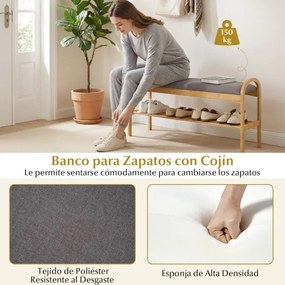 Banco sapateira 100,5 x 31 x 51 cm com almofada de bambu e estante de arrumação para entrada, corredor ou quarto cinzento