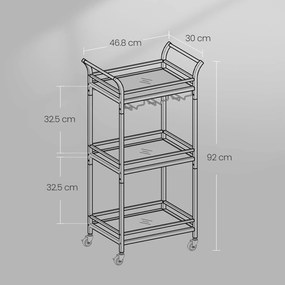 Carrinho de serviço bar com garrafeira com 3 níveis, com rodas 30 x 46,8 x 92 cm dourado