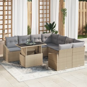 Conjunto de Sofá de Jardim 9 Peças com Almofadas Bege em Polyrattan