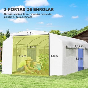 Estufa tipo Túnel 6x3x2 m Estufa de Exterior com 4 Janelas de Malha Cobertura de PE Anti UV e 3 Portas Enroláveis Branco