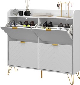Sapateira, Armário para sapatos com 4 portas basculantes, com prateleira ajustável, 106 x 24 x 102 cm, branco